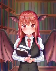 Rule 34 | 1girl, absurdres, bat wings, black vest, blush, book, bookshelf, breasts, closed mouth, head wings, highres, holding, holding book, indoors, juliet sleeves, koakuma, large breasts, library, light smile, long hair, long sleeves, looking at viewer, necktie, puffy sleeves, red eyes, red hair, red necktie, rpbdu4786, solo, touhou, vest, wing collar, wings