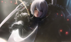 Rule 34 | 1girl, black dress, blurry, blurry background, breasts, cleavage, dark background, dress, facing viewer, highres, limgae, lips, machine, medium breasts, mole, mole under mouth, nier (series), nier:automata, no blindfold, revision, robot, grey eyes, silver hair, solo, sword, upper body, watermark, weapon, weapon on back, web address, 2b (nier:automata)