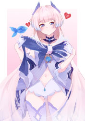 Rule 34 | 1girl, blue hair, blunt bangs, blush, border, bow, choker, colored tips, cowboy shot, dress, dress bow, fish, frilled sleeves, frills, genshin impact, gloves, gradient background, half gloves, heart, highres, horns, huge bow, lace-trimmed choker, lace trim, long hair, looking at viewer, multicolored hair, navel, nocknocktt, pink background, pink hair, purple dress, purple eyes, purple horns, purple thighhighs, sangonomiya kokomi, shorts, solo, thighhighs, untying, very long hair, vision (genshin impact), white background, white border, white gloves, white shorts, wide sleeves