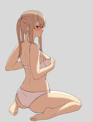 Rule 34 | 10s, 1girl, ass, back, barefoot, blush, bra, breasts, commentary request, eight tohyama, feet, from behind, full body, graf zeppelin (kancolle), grey background, hair between eyes, highres, kantai collection, legs, light brown hair, lingerie, looking at viewer, looking back, medium breasts, panties, plantar flexion, simple background, sitting, soles, solo, sweatdrop, thighs, toes, twintails, underwear, wariza