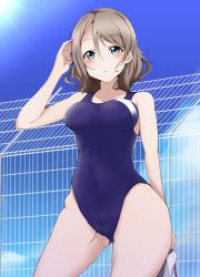 Rule 34 | 10s, 1girl, :o, bare arms, blue eyes, blue one-piece swimsuit, blue sky, blush, breasts, brown hair, cloud, collarbone, competition swimsuit, contrapposto, covered navel, cowboy shot, day, eyebrows, eyelashes, fence, hair between eyes, hand up, hip bones, holding, lens flare, looking at viewer, love live!, love live! sunshine!!, medium breasts, one-piece swimsuit, outdoors, seseri7th, short hair, skin tight, sky, solo, standing, sun, swept bangs, unworn swim cap, swimsuit, watanabe you
