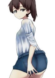 Rule 34 | 10s, 1girl, absurdres, alternate costume, ass, brown eyes, brown hair, denim, denim shorts, expressionless, from behind, hand on ass, highres, kaga (kancolle), kantai collection, long hair, looking at viewer, ponytail, short shorts, shorts, simple background, solo