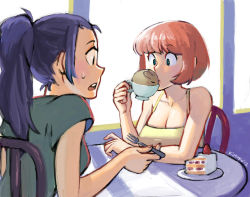 Rule 34 | 2girls, bare shoulders, blue hair, breasts, rabbit, cafe, cake, cake slice, casual, chair, cleavage, cup, dated, food, fork, fruit, green eyes, kinuko (kinucakes), large breasts, multiple girls, open mouth, original, pink hair, plate, ponytail, sitting, spaghetti strap, strawberry, strawberry shortcake, sweatdrop, table, teacup