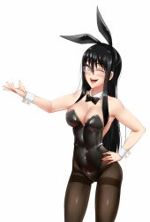 Rule 34 | 1girl, ;d, analogue: a hate story, animal ears, bare shoulders, black bow, black eyes, black hair, bow, bowtie, breasts, brown hair, rabbit ears, cameltoe, commentary, cowboy shot, detached collar, english commentary, fake animal ears, glasses, hair between eyes, hand on own hip, highres, hyun-ae, long hair, looking at viewer, medium breasts, one eye closed, open mouth, outstretched arm, pantyhose, playboy bunny, simple background, smile, solo, thighband pantyhose, twrlare, white background, wrist cuffs