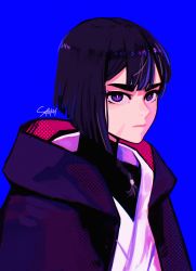 Rule 34 | 1girl, alternate eye color, artist name, asymmetrical hair, black hair, blue background, braid, bright pupils, expressionless, f (star wars), facial scar, hair over shoulder, halftone, highres, hood, hood down, looking at viewer, purple eyes, robe, scar, scar on cheek, scar on face, sethkiel, signature, solo, star wars, star wars: visions, thick eyebrows, turtleneck, white pupils