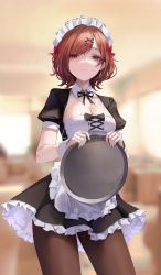 Rule 34 | 1girl, absurdres, apron, black bow, black dress, black pantyhose, blurry, blurry background, bow, breasts, brown eyes, brown hair, cleavage, closed mouth, commentary request, cowboy shot, dress, foreshortening, frilled apron, frills, hair ornament, hairclip, highres, higuchi madoka, holding, holding tray, idolmaster, idolmaster shiny colors, indoors, leviathan (hikinito0902), looking at viewer, maid headdress, medium breasts, pantyhose, petticoat, puffy short sleeves, puffy sleeves, revision, short hair, short sleeves, solo, tray, waist apron, white apron, wrist cuffs, x hair ornament