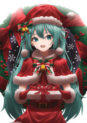 Rule 34 | 1girl, absurdres, amaama (beccyonaika1), aqua eyes, aqua hair, christmas, christmas ornaments, gift, hair ornament, hat, hatsune miku, highres, holding, holding gift, long hair, looking at viewer, open mouth, santa costume, santa hat, smile, snowflakes, twintails, very long hair, vocaloid