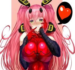 Rule 34 | 1girl, blush, bodysuit, breasts, elbow gloves, gloves, green eyes, gundam, haro, heart, heart in eye, highres, ill (0022), large breasts, mechanical ears, original, personification, pink hair, red gloves, skin tight, solo, speech bubble, spoken heart, symbol in eye, twintails, upper body