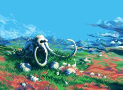 Rule 34 | day, field, hby stuff, making-of available, no humans, original, outdoors, pixel art, rock, skeleton