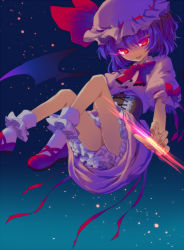 Rule 34 | 1girl, bad id, bad pixiv id, bat wings, bow, female focus, frills, glowing, glowing eyes, hat, hat ribbon, light trail, open mouth, puffy sleeves, purple hair, red eyes, reia, remilia scarlet, ribbon, short hair, short sleeves, solo, touhou, wings