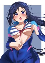 Rule 34 | 1girl, areola slip, bikini, bikini top only, blue hair, blush, bodysuit, breasts, collarbone, diving suit, embarrassed, front-tie bikini top, front-tie top, high ponytail, highres, igarashi kyouhei, long hair, looking at viewer, love live!, love live! school idol festival, love live! sunshine!!, matsuura kanan, medium breasts, open bodysuit, open clothes, open mouth, purple eyes, sidelocks, solo, striped bikini, striped bikini top, striped clothes, surprised, sweatdrop, swimsuit, underboob, unzipping, wetsuit