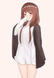Rule 34 | 1girl, absurdres, arm at side, black cardigan, black jacket, blush, brown hair, cardigan, clenched hand, commentary request, covering own mouth, gradient hair, hair over shoulder, hand up, highres, hosh, iino miko, jacket, kaguya-sama wa kokurasetai ~tensai-tachi no renai zunousen~, long hair, long sleeves, looking at viewer, low twintails, multicolored hair, pajamas, pink background, raised eyebrows, robe, simple background, sleeve cuffs, sleeves past wrists, solo, thighs, twintails, white pajamas, white robe
