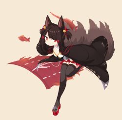 Rule 34 | 1girl, absurdres, aged down, akagi-chan (azur lane), akagi (azur lane), animal ears, azur lane, bell, black kimono, breasts, brown hair, brown thighhighs, cleavage, commentary, fox ears, fox girl, fox tail, hair bell, hair ornament, hakama, hakama short skirt, hakama skirt, highres, japanese clothes, kimono, looking at viewer, medium breasts, multiple tails, pleated skirt, red eyes, red skirt, skirt, solo, tail, thighhighs, twintails, wide sleeves