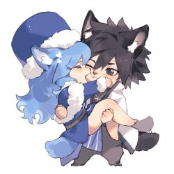 Rule 34 | 1boy, 1girl, animal ears, belt, black bodysuit, black eyes, black hair, black tail, blue capelet, blue hair, blue hat, blue jacket, blue tail, bodysuit, brown belt, capelet, carrying, cat boy, cat ears, cat girl, cat tail, chibi, chibi only, closed eyes, coat, fairy tail, full body, fur-trimmed capelet, fur-trimmed headwear, fur-trimmed jacket, fur trim, gray fullbuster, hat, highres, jacket, juvia lockser, long coat, long hair, looking at another, one eye closed, open clothes, open coat, open mouth, princess carry, short hair, slit pupils, standing, tail, white coat, xuchuan