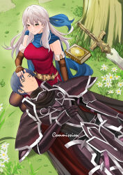 Rule 34 | 1boy, 1girl, absurdres, armor, belt, black knight (fire emblem), blue hair, blue scarf, blush, book, breasts, brown gloves, closed mouth, commentary, commission, elbow gloves, english commentary, fingerless gloves, fire emblem, fire emblem: radiant dawn, genm7, gloves, grey eyes, grey trim, hand on another&#039;s head, highres, large breasts, long hair, lying, micaiah (fire emblem), nintendo, on back, on grass, scarf, smile, spoilers, sword, tree, weapon, white hair, yellow eyes, zelgius (fire emblem)