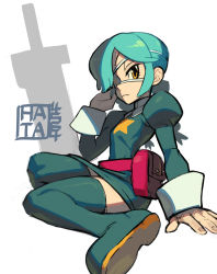 Rule 34 | 1girl, annie (skullgirls), belt pouch, boots, braid, eyepatch, green hair, hata4564, highres, juliet sleeves, long sleeves, looking at viewer, looking down, pouch, puffy sleeves, sitting, skirt, skullgirls, solo, thigh boots, thighhighs, twin braids, white background, yellow eyes, zettai ryouiki