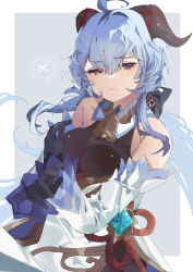 Rule 34 | 1girl, :t, absurdres, ahoge, bare shoulders, bell, black gloves, blue hair, bow, breasts, chinese knot, covering privates, cross, crossed arms, detached sleeves, flower knot, ganyu (genshin impact), genshin impact, gloves, gold trim, higa (gominami), highres, horns, long hair, looking at viewer, medium breasts, neck bell, pout, purple eyes, sidelocks, solo, spoken x, sweatdrop, vision (genshin impact), white sleeves