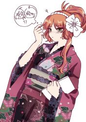 Rule 34 | 3girls, bag, blush, bow, closed mouth, don quixote (project moon), faust (project moon), floral print, floral print kimono, freckles, green eyes, hair bow, hair bun, hairband, hand up, highres, holding, holding bag, ishmael (project moon), japanese clothes, kimono, lace-trimmed sash, lace-trimmed sleeves, lace trim, limbus company, long hair, long sleeves, multiple girls, ngancurindunia, obi, obiage, obijime, orange hair, pink kimono, project moon, rope, sailor collar, sash, sidelocks, simple background, solo focus, sweat, thought bubble, white background, white sailor collar, wide sleeves