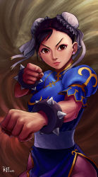 Rule 34 | 1girl, black hair, blue dress, bracelet, brown eyes, brown pantyhose, bun cover, capcom, china dress, chinese clothes, chun-li, clenched hands, double bun, dress, earrings, eyebrows, eyeshadow, gradient background, hair bun, highres, jewelry, lips, looking at viewer, makeup, making-of available, nose, pantyhose, parted bangs, pelvic curtain, puffy short sleeves, puffy sleeves, ryu shou, sash, short hair, short sleeves, side slit, solo, spiked bracelet, spikes, street fighter