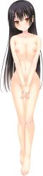 Rule 34 | 1girl, :o, amatsu sasha, any (trueblue), barefoot, black hair, blush, breasts, cleavage, completely nude, covering privates, covering crotch, crescent, crescent hair ornament, feet, full body, hair ornament, hairclip, highres, large breasts, long hair, long image, looking at viewer, natsu no majo no parade, navel, nipples, nude, official art, own hands together, solo, standing, tall image, toes, transparent background, v arms, yellow eyes