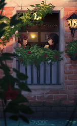 Rule 34 | 2girls, ahoge, artist name, black hair, blurry foreground, brown eyes, brown hair, drinking, from outside, glass, koyorin, lips, long hair, looking at another, multiple girls, original, smile, window