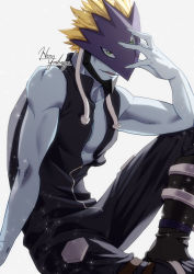 Rule 34 | 1boy, artist name, bare arms, bare shoulders, beard, beelzebumon, black footwear, black pants, blonde hair, commentary, cowboy shot, digimon, digimon (creature), facial hair, fingernails, full body, green eyes, highres, knee up, looking at viewer, male focus, mask, open mouth, pants, parted lips, pectorals, seven great demon lords, signature, simple background, sitting, sleeveless, solo, sparkle, third eye, toned, toned male, white background, yoshinaga haru, zipper pull tab