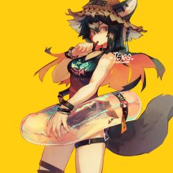 Rule 34 | 1girl, alternate costume, animal ear fluff, animal ears, arknights, artist name, bare shoulders, black hair, breasts, brown eyes, character name, circle, collarbone, eating, food, hair between eyes, hat, holding, holding food, legs, long hair, looking at viewer, medium breasts, moonagvaze, shorts, simple background, sleeveless, solo, standing, strap, tail, texas (arknights), thigh strap, wristband, yellow background
