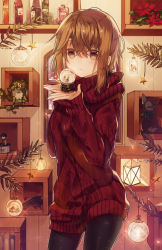 Rule 34 | 1girl, aran sweater, arms up, black cat, black pantyhose, brown eyes, brown hair, cable knit, cat, commentary request, contrapposto, cowboy shot, figure, gun, handgun, holding, indoors, kazutake hazano, leaf, long sleeves, looking at viewer, original, pantyhose, petals, pistol, plant, potted plant, red sweater, short hair, snow, solo, standing, star (symbol), sweater, weapon