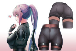 Rule 34 | 1girl, aeri (closers), aeri shadow agent (closers), black pantyhose, breasts, closers, covered navel, cropped legs, fingerless gloves, gloves, gradient background, grey eyes, heart, highres, junu (jwoo5627), large breasts, long hair, long sleeves, multiple views, pantyhose, ponytail, purple hair, shorts, simple background, smile, solo, speech bubble, spoken heart, standing, teeth