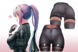 1girl aeri_(closers) aeri_shadow_agent_(closers) black_pantyhose breasts closers covered_navel cropped_legs fingerless_gloves gloves gradient_background grey_eyes heart highres junu_(jwoo5627) large_breasts long_hair long_sleeves multiple_views pantyhose ponytail purple_hair shorts simple_background smile solo speech_bubble spoken_heart standing teeth