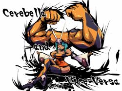 Rule 34 | 1girl, aqua hair, bare shoulders, boots, breasts, capcom, cerebella (skullgirls), character name, cleavage, crossed legs, dark-skinned female, dark skin, detached sleeves, dress, full body, ikeno daigo (style), large breasts, living clothes, parody, rickert kai, short dress, simple background, sitting, skull, skullgirls, solo, street fighter, street fighter iv (series), style parody, thigh boots, thighhighs, vice-versa (skullgirls), white background, wide sleeves