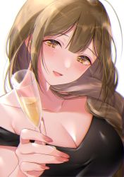 Rule 34 | 1girl, :d, absurdres, alcohol, black shirt, blunt bangs, blush, breasts, brown hair, cleavage, collarbone, cup, drinking glass, hair over shoulder, highres, holding, holding cup, huge filesize, idolmaster, idolmaster shiny colors, kuwayama chiyuki, large breasts, long hair, nail polish, off-shoulder shirt, off shoulder, open mouth, portrait, shiguri, shirt, simple background, sleeveless, smile, solo, upper body, white background, wine, wine glass