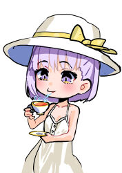 1girl bare_shoulders blowing blush bow breasts chibi cup dress fate/grand_order fate_(series) hair_bow hat highres kazuradrop_(celeb_summer_experience_dress)_(fate) kazuradrop_(fate) outerrace_ik purple_eyes purple_hair saucer short_hair small_breasts smile solo tea teacup white_dress white_hat yellow_bow