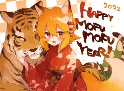 Rule 34 | 1girl, 2022, animal ear fluff, animal ears, checkered background, chinese zodiac, commentary, fang, floral print, fox ears, fox girl, fox tail, hair between eyes, hand up, happy new year, japanese clothes, kimono, long sleeves, looking at viewer, new year, obi, open mouth, orange background, orange eyes, orange hair, red kimono, rimukoro, sash, senko (sewayaki kitsune no senko-san), sewayaki kitsune no senko-san, skin fang, smile, tail, tiger, upper body, white background, wide sleeves, year of the tiger