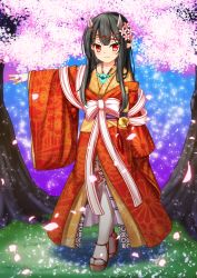 Rule 34 | 1girl, bell, black hair, bow, cherry blossoms, flower, hair flower, hair ornament, highres, horn ornament, horn ribbon, horns, japanese clothes, katana, kimono, long hair, magatama, minaha (playjoe2005), original, outstretched arm, petals, red eyes, ribbon, sandals, sheath, sheathed, solo, sword, weapon, wide sleeves