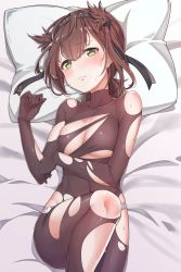 Rule 34 | 1girl, bare shoulders, bed sheet, black bodysuit, black hairband, blush, body blush, bodysuit, breasts, brown hair, closed mouth, clothes writing, commentary request, feet out of frame, from above, frown, hachimaki, hair flaps, hairband, hatsuzuki (kancolle), head tilt, headband, highres, kantai collection, konnyaku (kk-monmon), leg up, looking at viewer, lying, medium breasts, on back, panties, panties under bodysuit, pillow, shiny skin, short hair, skin tight, solo, sweat, tearing up, tears, torn bodysuit, torn clothes, underwear, wavy mouth, white panties, yellow eyes