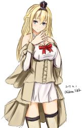 Rule 34 | 10s, 1girl, 2017, blonde hair, blue eyes, braid, celestea tera, cowboy shot, crown, dated, dress, fingers together, french braid, highres, kantai collection, long hair, long sleeves, mini crown, off-shoulder dress, off shoulder, shirt, simple background, solo, standing, thighhighs, twitter username, warspite (kancolle), white background, white dress, white shirt, white thighhighs