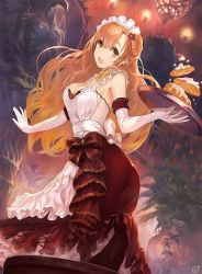 Rule 34 | braid, breasts, cake, cleavage, clumsy, elbow gloves, food, frilled skirt, frills, gloves, highres, large breasts, long hair, long skirt, lyuritis (yoru no nai kuni), official art, orange hair, ribbon, skirt, waitress, white gloves, yoru no nai kuni