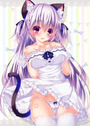 Rule 34 | 1girl, animal ears, breasts, cat ears, cat tail, clothes lift, collarbone, dress, dress lift, hair ribbon, hands on own chest, highres, kemonomimi mode, large breasts, light purple hair, long hair, looking at viewer, off shoulder, ooji cha, open mouth, original, oziko (ooji cha), panties, pink eyes, ribbon, solo, strap slip, striped, striped background, tail, thighhighs, thighs, two side up, underwear, very long hair, white dress, white panties, white thighhighs, wind, wind lift