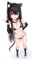 Rule 34 | 1girl, :p, animal ears, bell, bikini, black bikini, black collar, black gloves, black hair, black nails, breasts, cat ears, cat girl, cat tail, collar, elbow gloves, fingerless gloves, full body, gloves, hand on own hip, highres, jingle bell, long hair, looking at viewer, navel, neck bell, original, red eyes, shibanme tekikumo, small breasts, standing, stomach, swimsuit, tail, toeless legwear, tongue, tongue out, v, very long hair, xingye (xing)