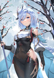 Rule 34 | 1girl, bare tree, black bodysuit, black gloves, blue eyes, bodysuit, braid, breast curtain, breasts, chahei, closed mouth, clothing cutout, covered navel, genshin impact, gloves, grey hair, hair ornament, highres, hip vent, holding, holding polearm, holding weapon, large breasts, long hair, looking at viewer, low-braided long hair, low-tied long hair, outdoors, partially fingerless gloves, polearm, shenhe (genshin impact), snow, solo, tree, very long hair, weapon