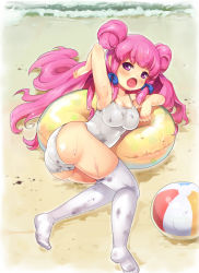 Rule 34 | 1girl, ass, beach, blush, bow, breasts, cleavage, double bun, fang, hair bow, hair bun, hakiata, innertube, lying, on side, one-piece swimsuit, open mouth, original, partially submerged, pink hair, purple eyes, school swimsuit, sidelocks, solo, swim ring, swimsuit, thighhighs, water, wet, white one-piece swimsuit, white school swimsuit, white thighhighs