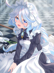Rule 34 | 1girl, absurdres, alternate costume, apron, ascot, black ascot, blue brooch, blue eyes, blue hair, blush, broken vase, checkered floor, commentary request, cowlick, crying, crying with eyes open, enmaided, furina (genshin impact), genshin impact, heterochromia, highres, indoors, juliet sleeves, light blue hair, long hair, long sleeves, looking at viewer, maid, maid apron, maid headdress, mismatched pupils, multicolored hair, nigurasute, open mouth, puffy sleeves, solo, streaked hair, tearing up, tears, white hair