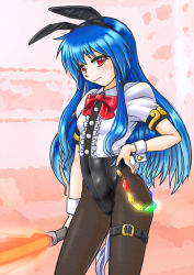 Rule 34 | 1girl, animal ears, black leotard, black pantyhose, blue hair, bow, breasts, chain, contrapposto, covered navel, cowboy shot, hand on own hip, hinanawi tenshi, holding, holding weapon, leg belt, leotard, long hair, looking at viewer, mail (mail gell), neck ribbon, pantyhose, playboy bunny, puffy short sleeves, puffy sleeves, rabbit ears, rabbit tail, red bow, red eyes, ribbon, shirt, short sleeves, small breasts, solo, standing, sword, sword of hisou, tail, touhou, weapon, white shirt, wrist cuffs