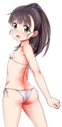Rule 34 | 1girl, :d, ass, bare arms, bare shoulders, bikini, black hair, blush, breasts, brown eyes, butt crack, commentary request, from behind, fukuyama mai, highres, idolmaster, idolmaster cinderella girls, long hair, looking at viewer, looking back, micro bikini, open mouth, ponytail, side-tie bikini bottom, simple background, small breasts, smile, solo, swimsuit, testa, white background, white bikini
