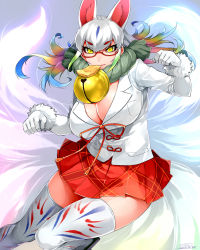 Rule 34 | 10s, 1girl, animal ears, artist name, bell, blonde hair, blue hair, breasts, cleavage, collar, dated, facial mark, food in mouth, fox ears, fox tail, fur trim, glasses, gloves, green hair, happa (cloverppd), kemono friends, kitsune, kyuubi, kyuubi (kemono friends), large breasts, miniskirt, multicolored hair, multiple tails, neck bell, pink hair, pleated skirt, purple hair, sandals, skirt, solo, tail, thighhighs, white hair, yellow eyes