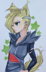 Rule 34 | 1boy, animal ears, bad id, bad pixiv id, blonde hair, creatures (company), fox boy, fox ears, fox tail, from side, game freak, gladion (pokemon), green eyes, hand on own hip, long sleeves, male focus, marker (medium), nintendo, pokemon, pokemon sm, profile, serious, solo, soma somari, tail, torn clothes, traditional media, upper body