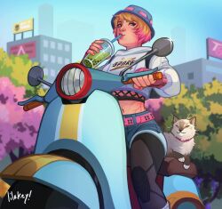 Rule 34 | 1girl, apex legends, belt, billboard, blonde hair, blue eyes, blue hat, blue shorts, car, colored tips, cropped hoodie, cup, drinking straw, drinking straw in mouth, hat, highres, holding, holding cup, hood, hoodie, lila (lilakeylk), looking at viewer, midriff, motor vehicle, multicolored hair, navel, nikola (apex legends), official alternate costume, pink belt, pink hair, scar, scar on face, scar on stomach, scooter, short hair, shorts, smile, solo, static trainers wattson, streetwear, wattson (apex legends), white hoodie