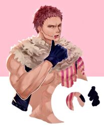 Rule 34 | 1boy, abs, arm tattoo, charlotte katakuri, chest tattoo, cropped troso, doughnut, food, frown, looking at viewer, male focus, muscular, muscular male, one piece, pink hair, pink theme, sasamiman, short hair, solo, stitches, tattoo, tongue, tongue out, underpec