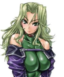 Rule 34 | 1girl, amania orz, bare shoulders, breasts, collar, green eyes, green hair, lamia loveless, large breasts, long hair, looking at viewer, matching hair/eyes, simple background, skin tight, smile, solo, super robot wars, super robot wars original generation, white background